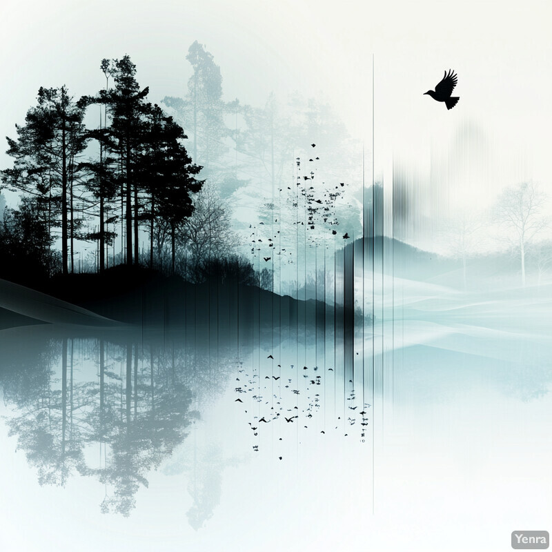 A peaceful forest scene with trees and birds in flight.