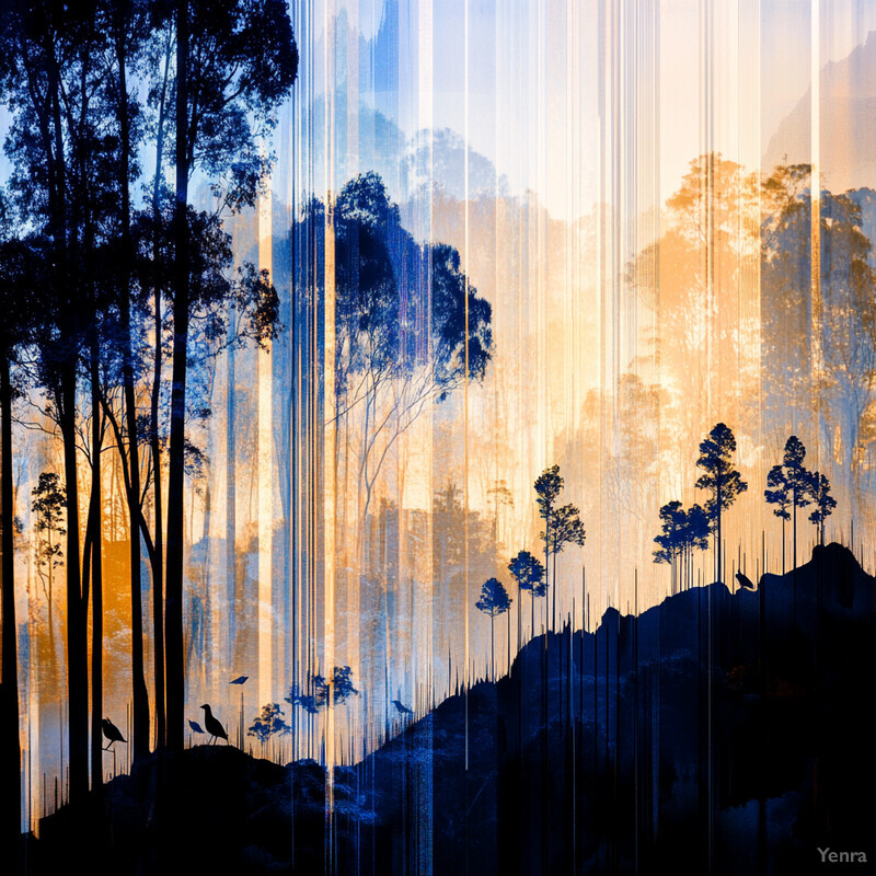 A serene forest scene at sunset or sunrise, with tall trees and a warm sky.