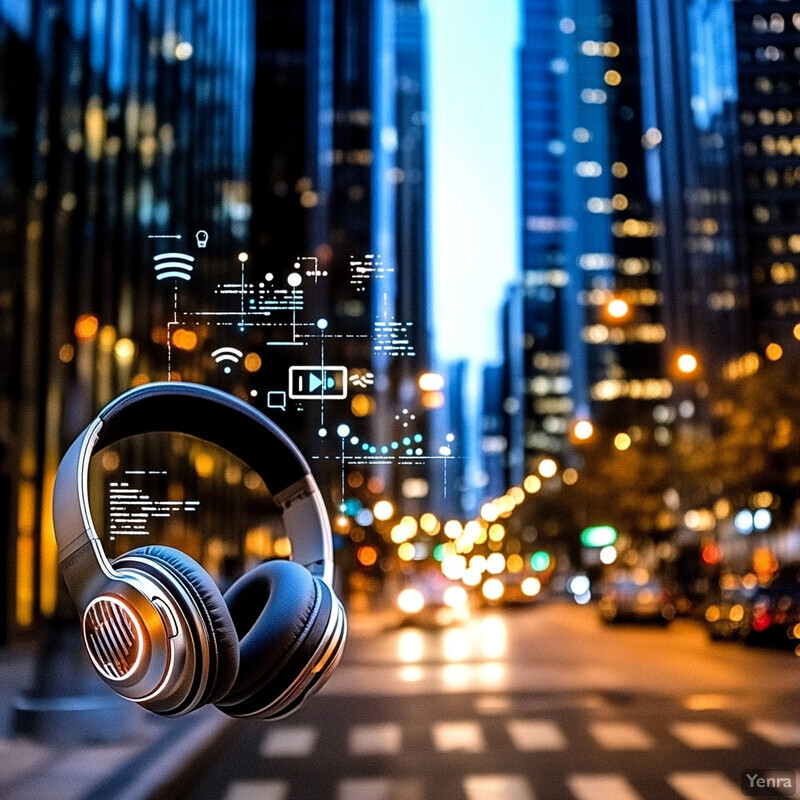 A pair of white headphones with a futuristic design are displayed prominently in the foreground of an image depicting a city street at night.