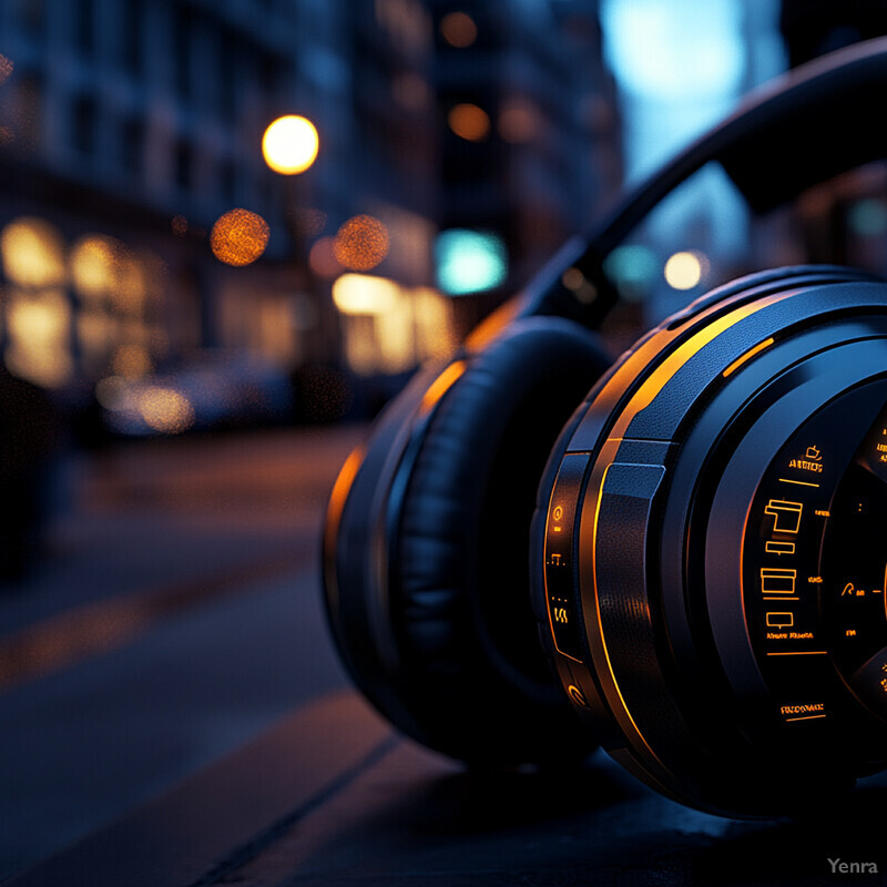 A pair of headphones designed for comfort and noise isolation, positioned in front of an urban cityscape at dusk or dawn.