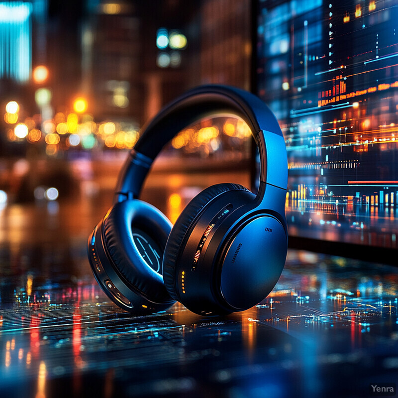 Context-Aware Noise Reduction in Consumer Devices: A pair of wireless headphones stands out against a cityscape backdrop, highlighting the importance of noise reduction technology.