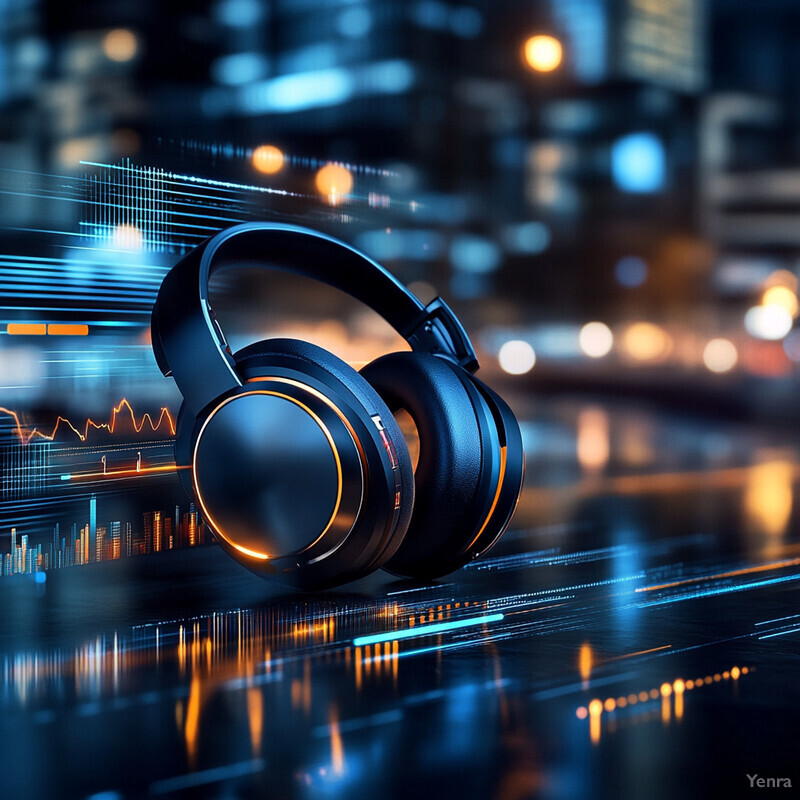 A pair of black headphones with orange accents is set against a blurred nighttime city background.