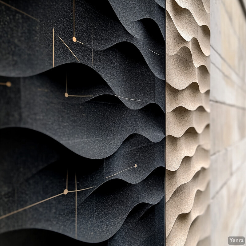 Close-up of two walls with black and brown wavy acoustic panels for improved acoustics.