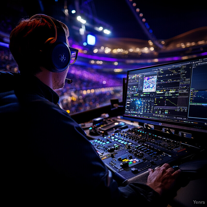 A man working at a broadcast station with a control panel in front of him.