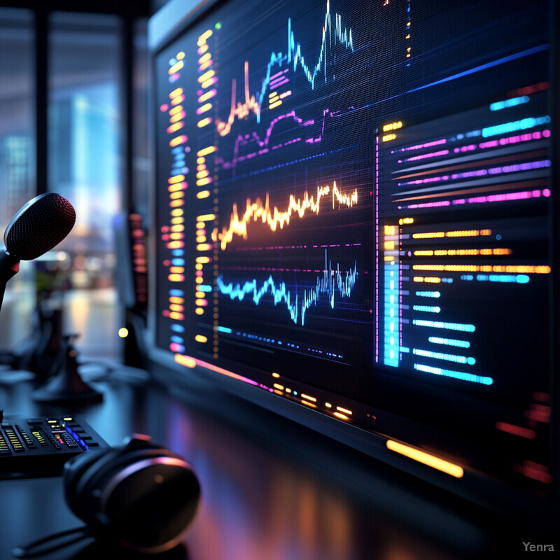 A professional audio editing setup with a large screen displaying a waveform or audio signal, microphone stand, equalizer device, and speakers.