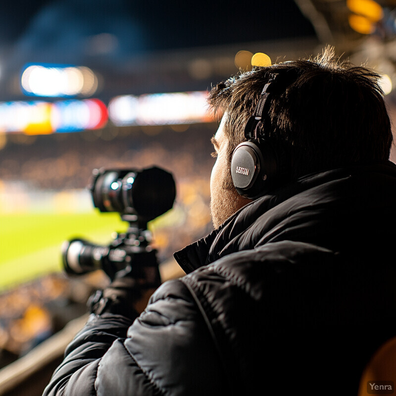 A man wearing headphones and holding a camera in a stadium setting.