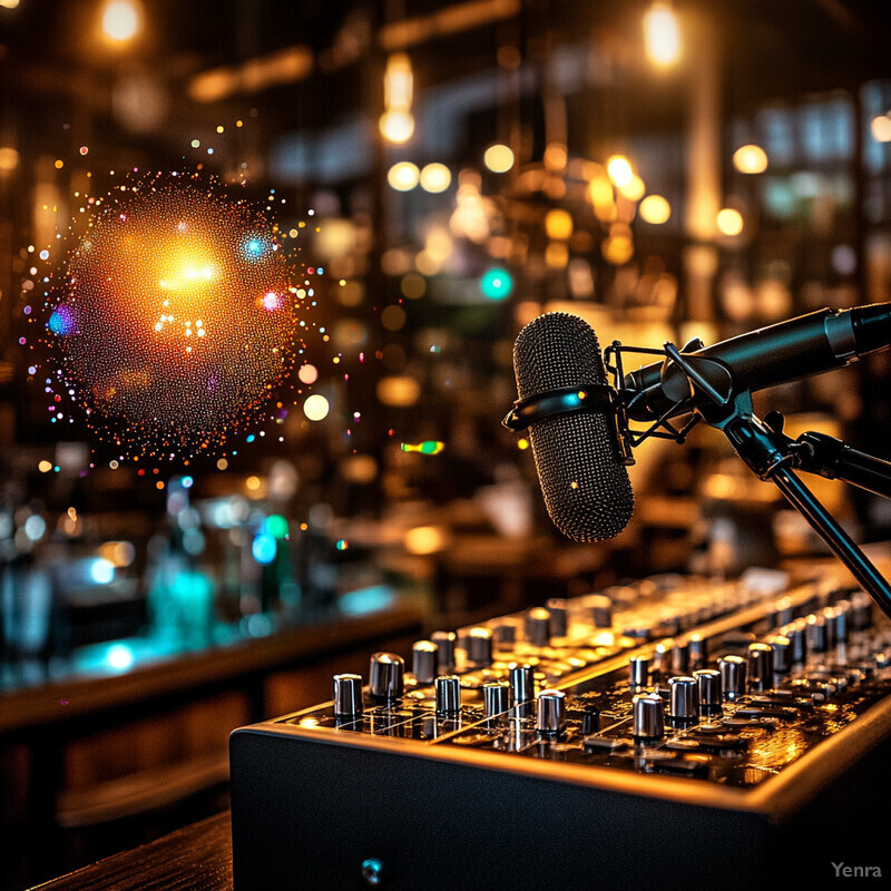 A microphone on a stand in front of a soundboard or mixing console, set against an out-of-focus background that appears to be either a recording studio or live event venue.