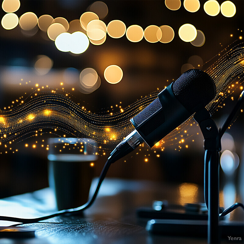 A microphone on a stand in front of a glass of dark liquid, set against a blurred background.