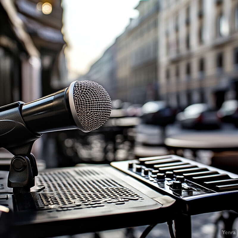 Outdoor scene with a microphone and sound equipment setup