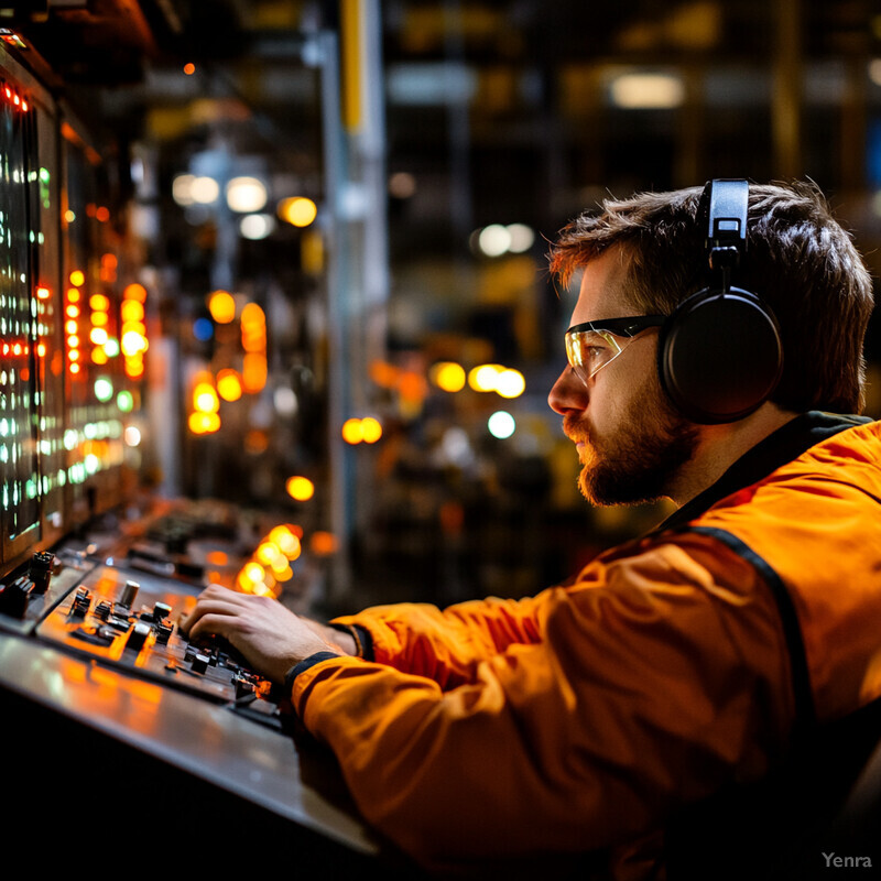 A man wearing hearing protection and enhancement devices works at a control panel in an industrial setting.