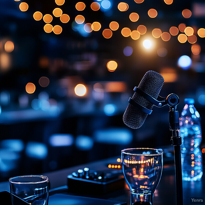 A microphone on a stand in front of a blurred background.