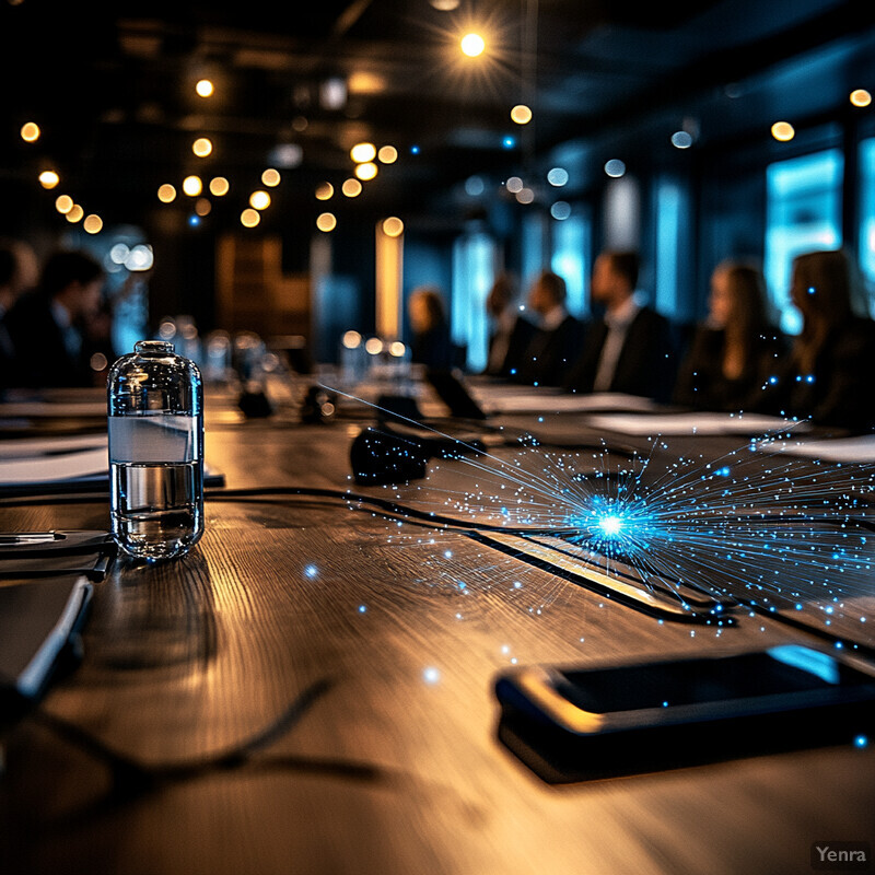 A conference room with a wooden table and chairs, where individuals are engaged in discussions or meetings.