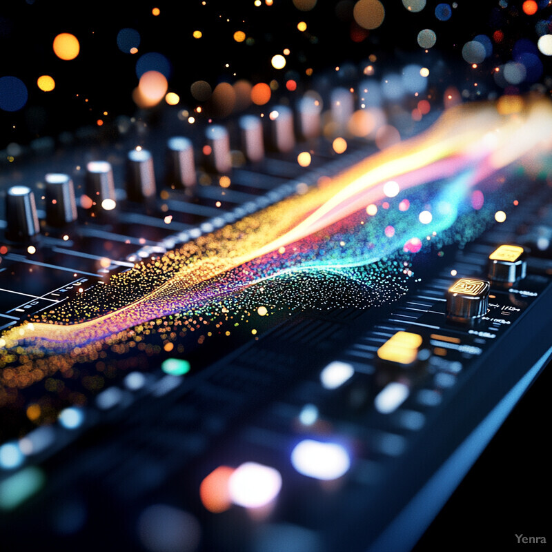 A close-up view of an audio mixing board, showcasing its intricate details and controls.