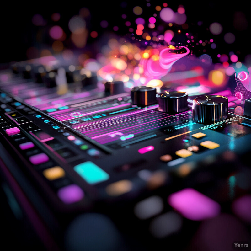 A DJ controller surrounded by neon-lit environment, evoking a lively atmosphere.