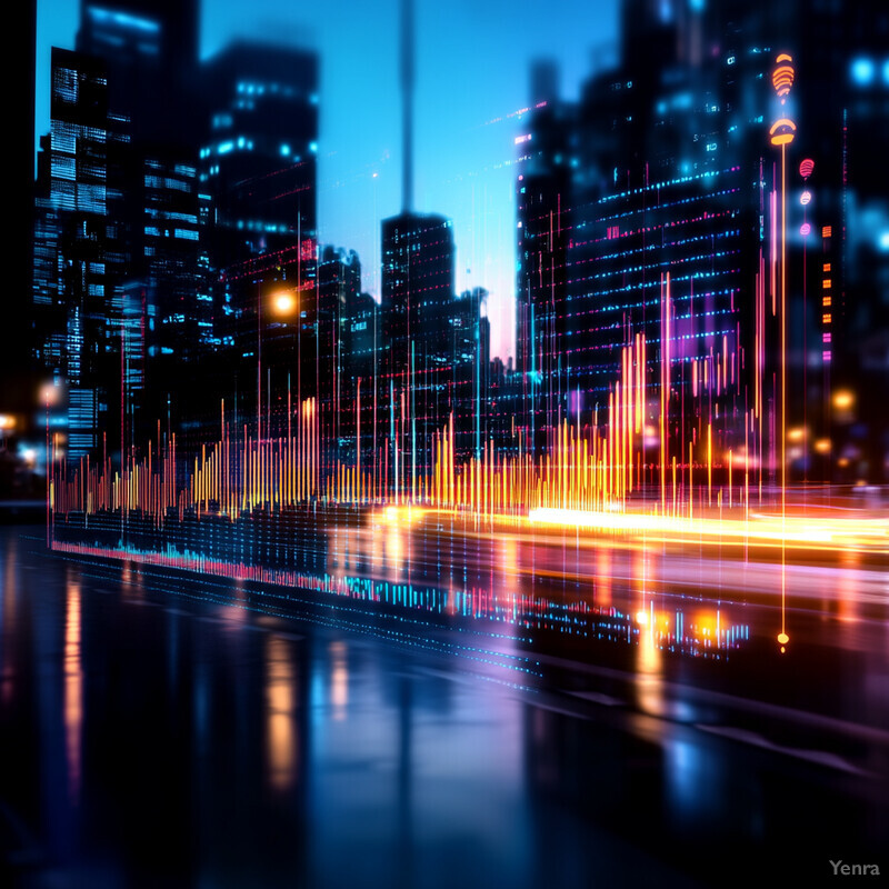 A futuristic representation of a cityscape at night, focusing on monitoring and predicting noise pollution.