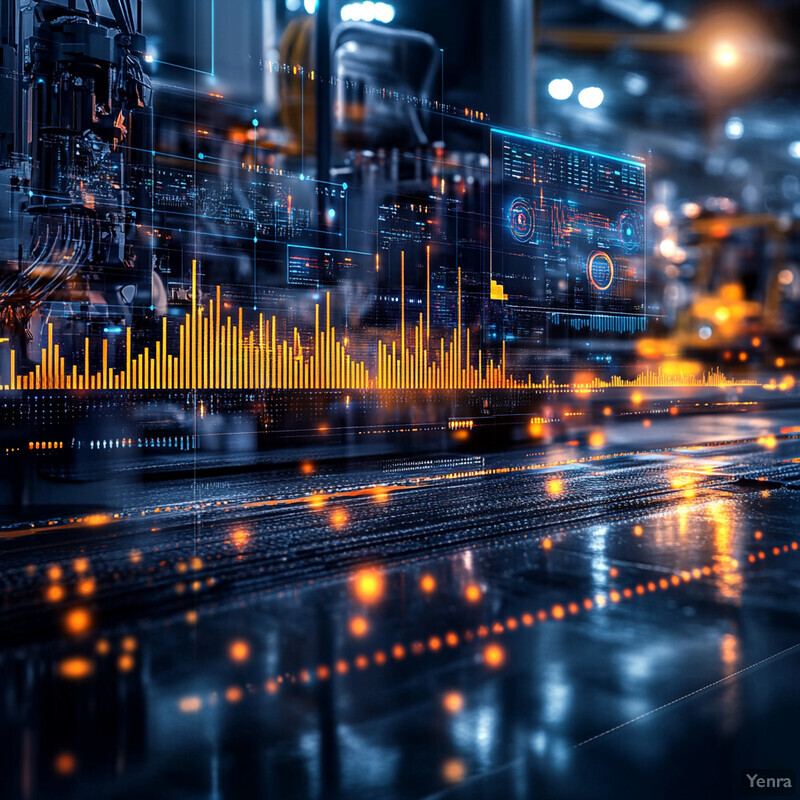 A futuristic setting with multiple screens displaying data visualizations, suggesting predictive maintenance through acoustic analysis.