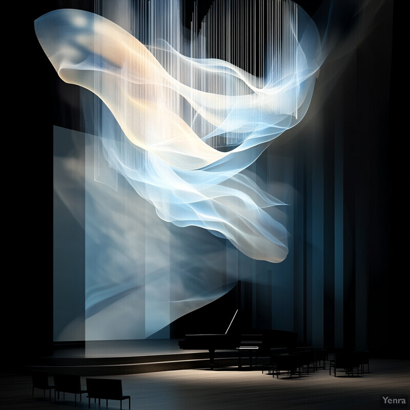 A grand piano is set up in a dimly lit room with an abstract design displayed on the screen behind it.