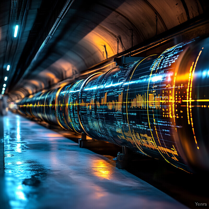 A large, cylindrical object with a black surface and intricate patterns of blue and orange lights is situated in an industrial setting.