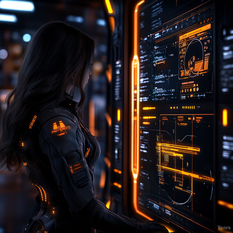 A woman in a futuristic black bodysuit gazes at a large screen displaying graphs and charts.