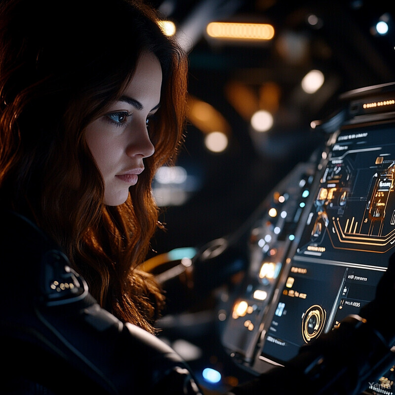 A woman in a black leather jacket intently looks at an illuminated control panel/computer screen.