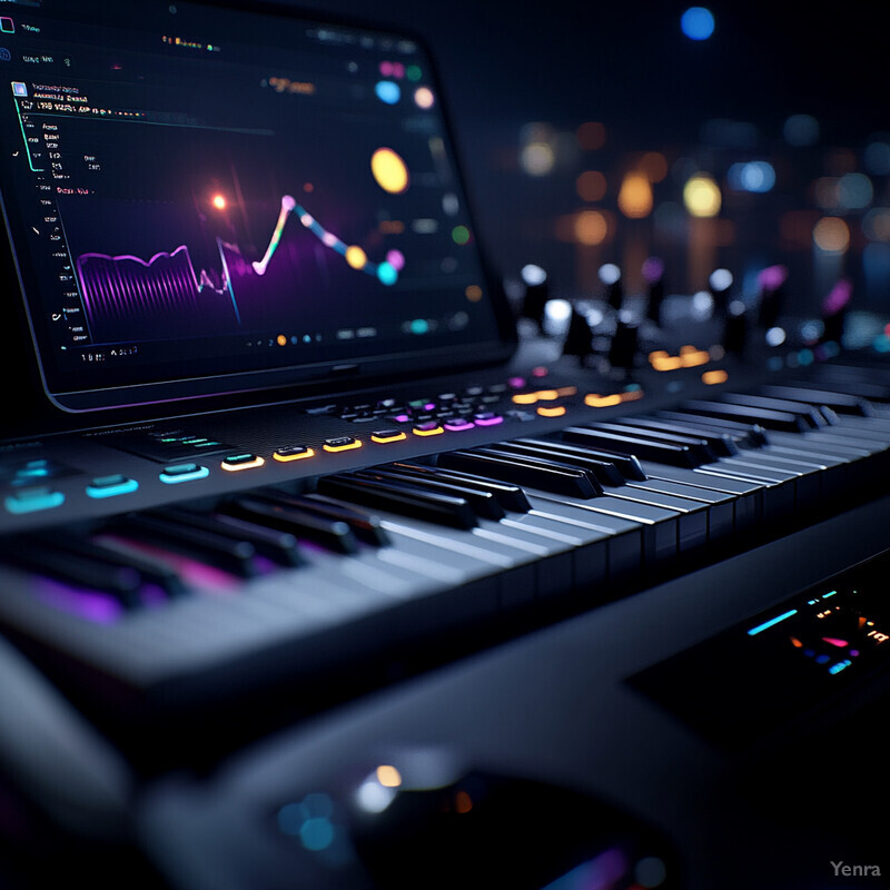 A music production setup featuring a laptop and keyboard in an indoor setting.