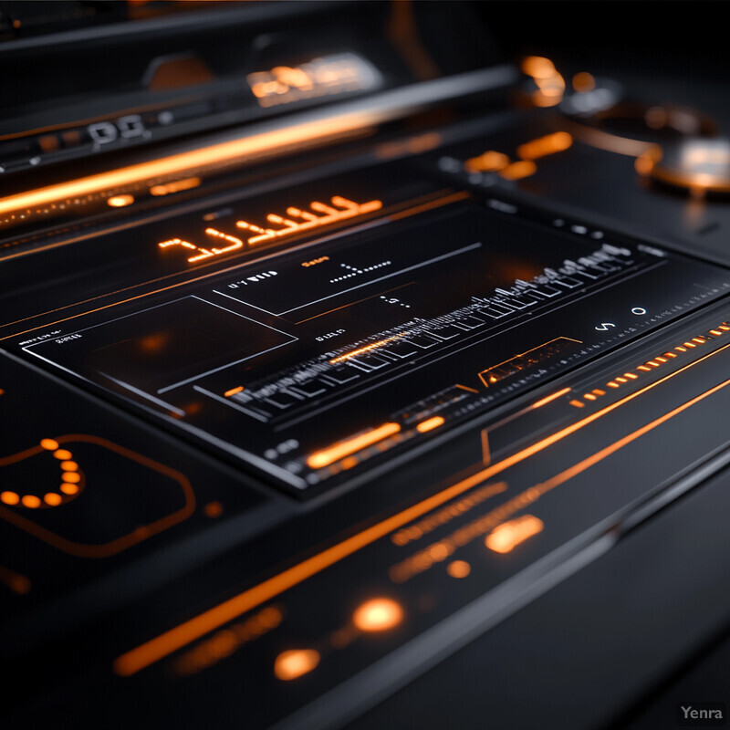 A futuristic and high-tech interface featuring sleek black surfaces with vibrant orange accents.