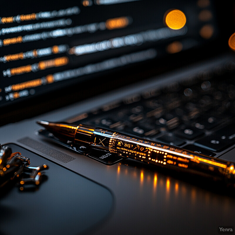 A laptop keyboard with two pens on top of it in an office setting.