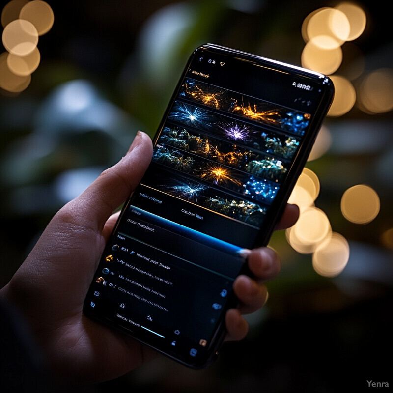 A person is viewing fireworks photos on their phone in an indoor setting.