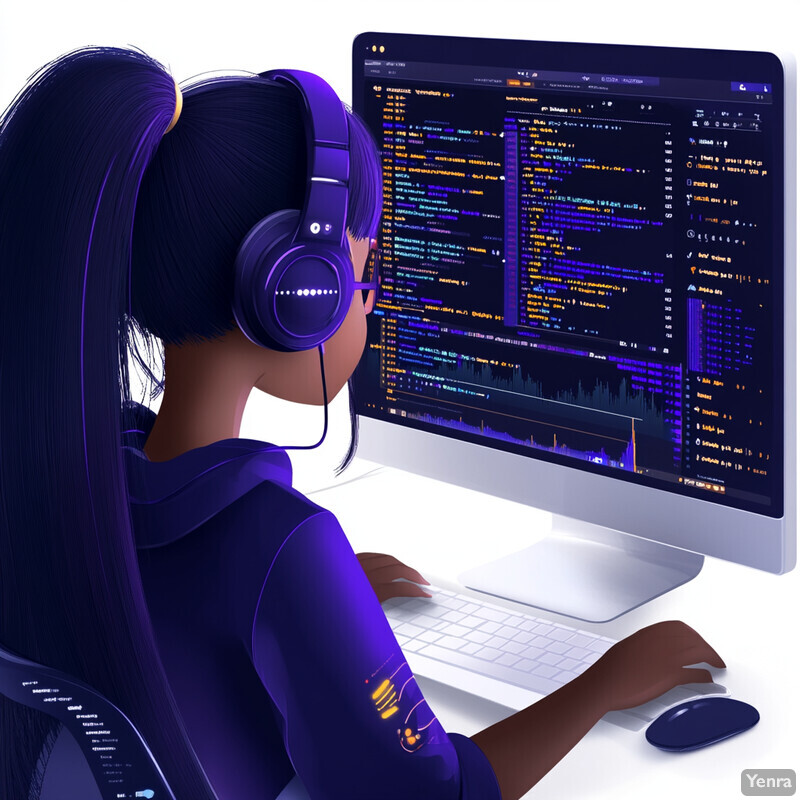 A cartoon girl with purple hair is intently gazing at a computer monitor.