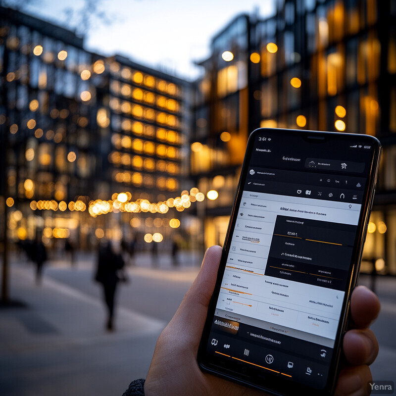 A hand holds a smartphone displaying a user interface with various options and settings in an urban setting.