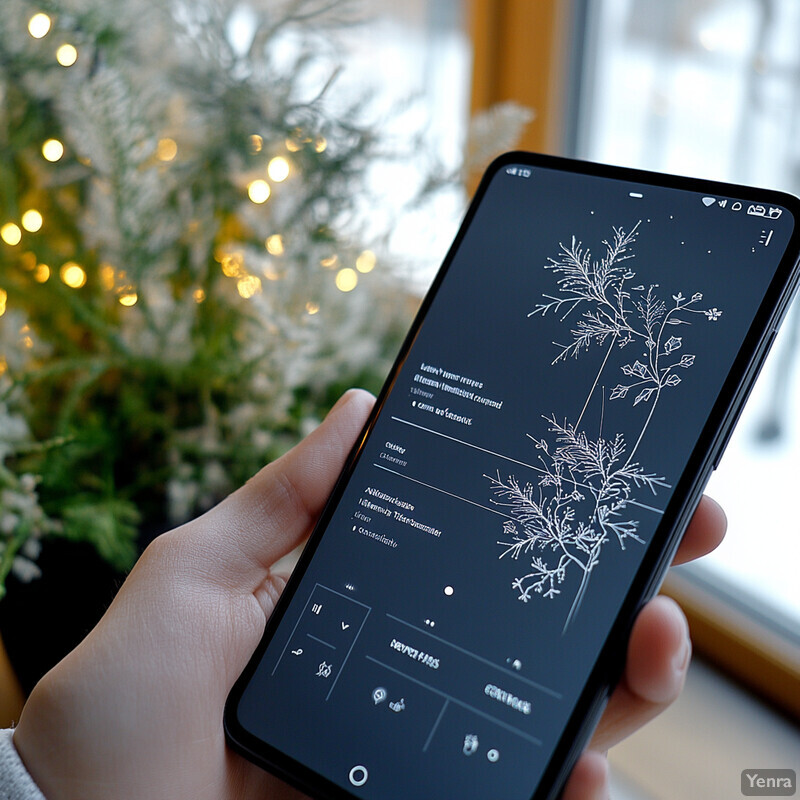 A person is holding a smartphone with a mobile app's user interface on the screen, set against a blurred room with a Christmas tree in the background.