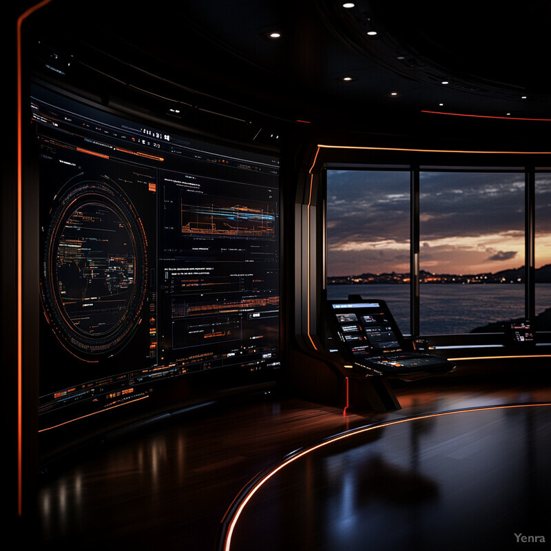 A futuristic control room with a large screen displaying graphs and charts, overlooking a body of water at sunset.