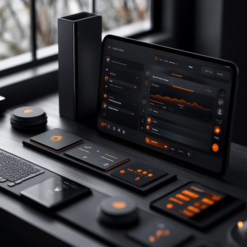 A modern workspace featuring black devices with orange accents on a dark wood desk or table.