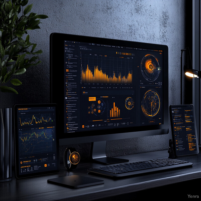 A computer setup with multiple devices displaying graphs and charts, indicating an analytical or data-driven task.