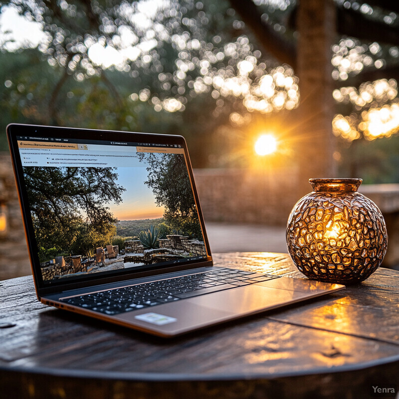 A person is working or enjoying time outdoors with their laptop on a table in front of a forest.