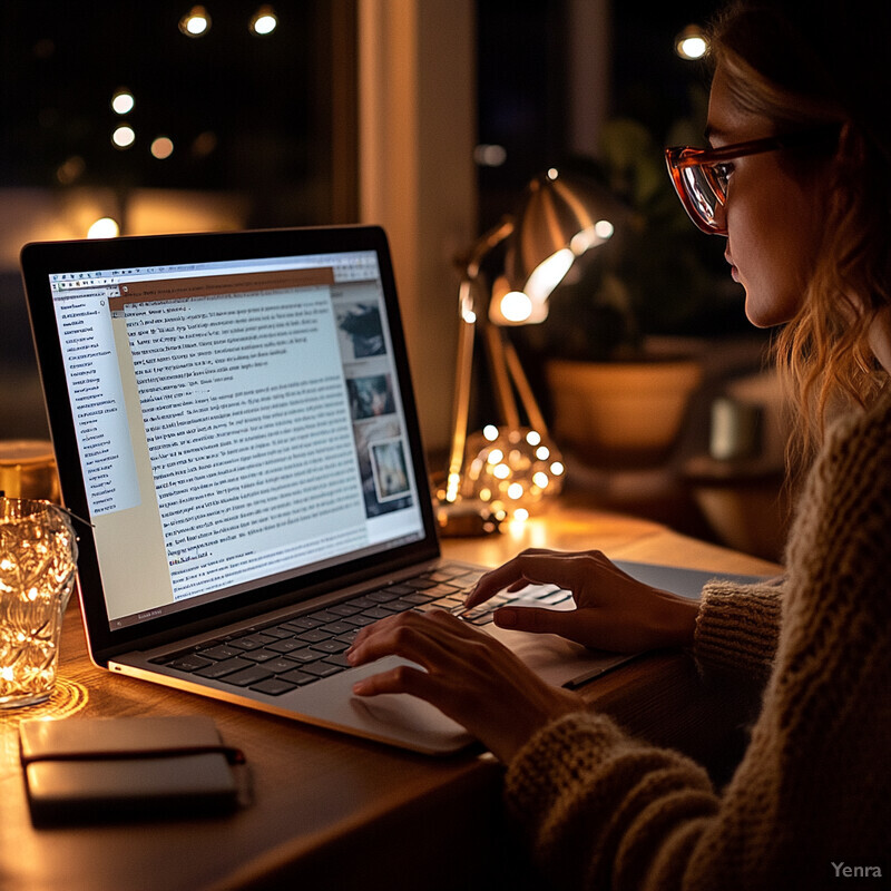 Woman working on a document or webpage layout in a cozy living room or office space.