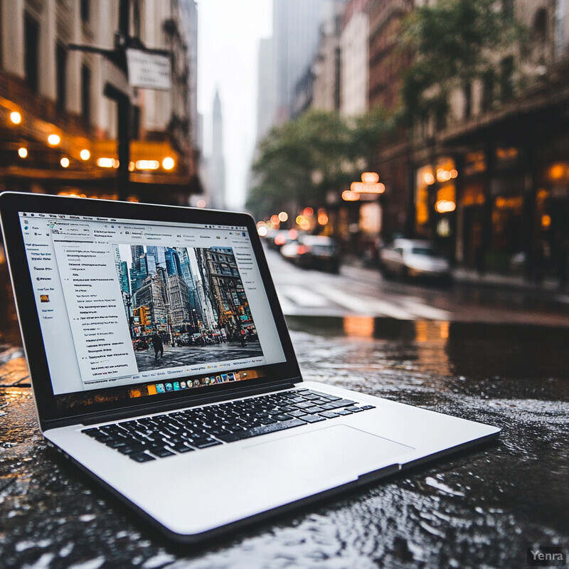 An open laptop sits on a wet city street, displaying a webpage with a photo of a city street.