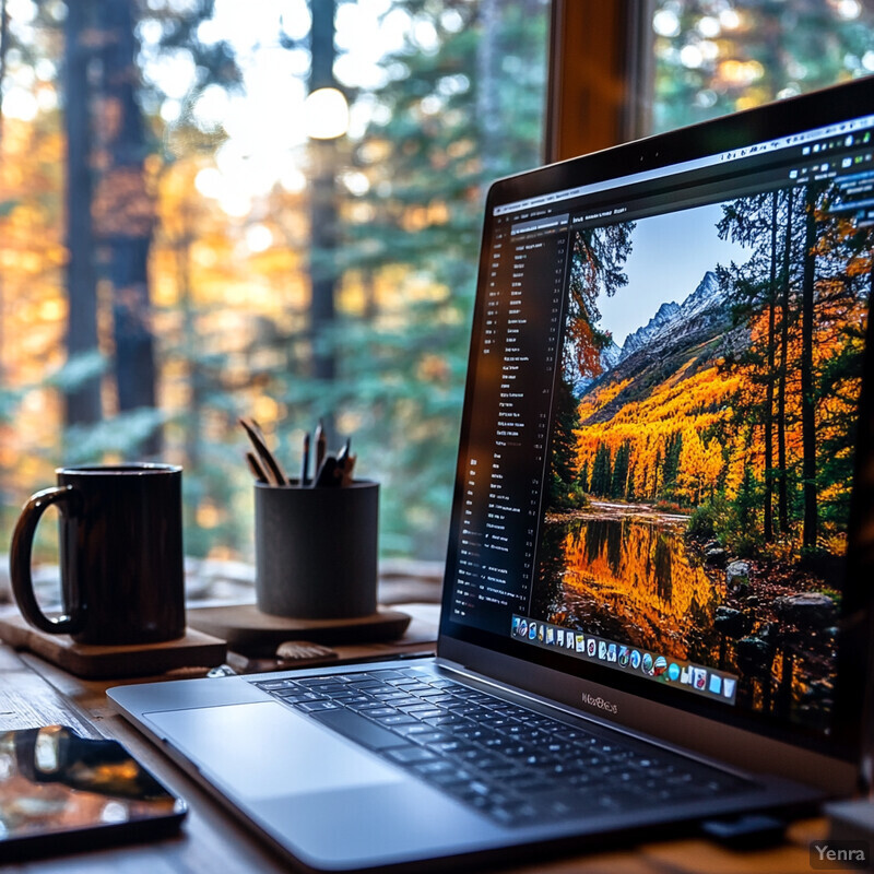 A person is working on a laptop in their home office with a view of trees and sunlight streaming through them.