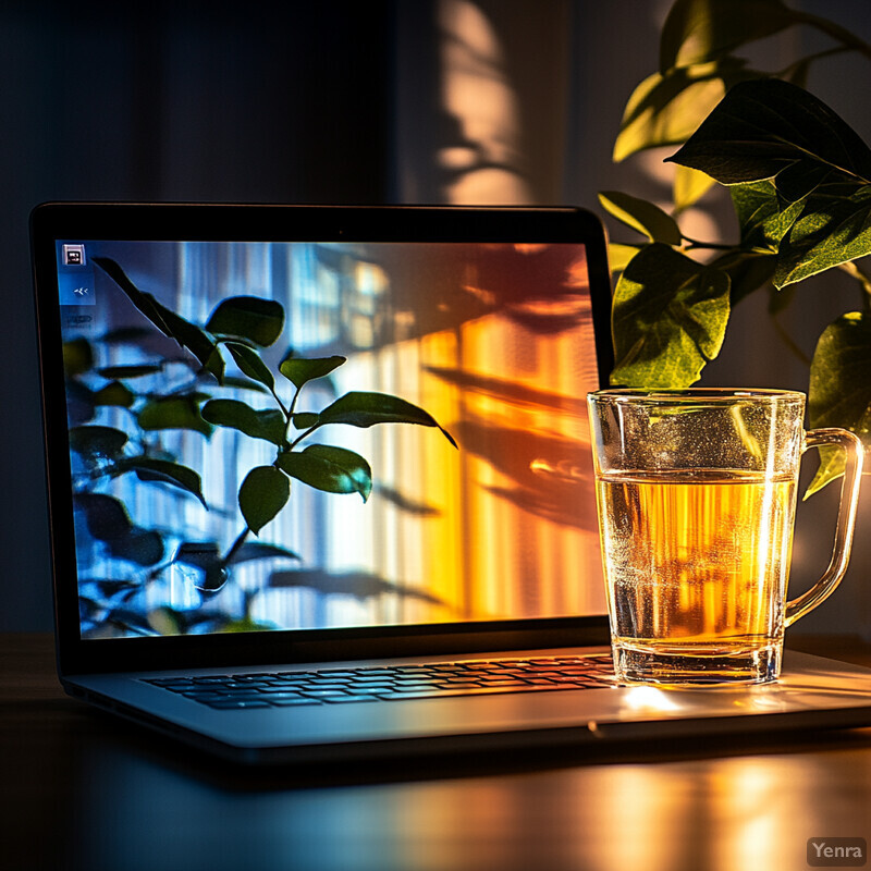 An Emotion-Responsive Interface image featuring a laptop with a screen displaying a plant and a glass of tea on its keyboard.