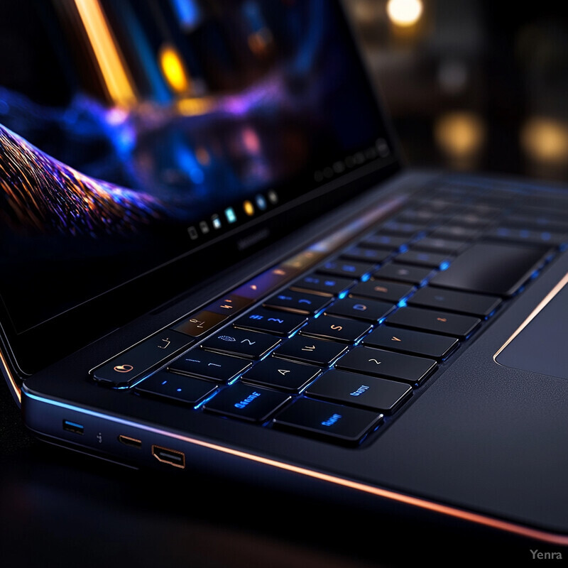 A close-up image of an open laptop with glowing blue lights and a vibrant screen display.