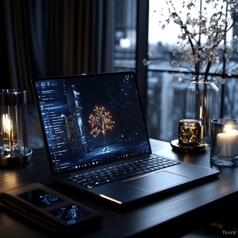 A laptop sits on a desk in an office setting, surrounded by various objects such as papers, a mug, and a bookshelf.