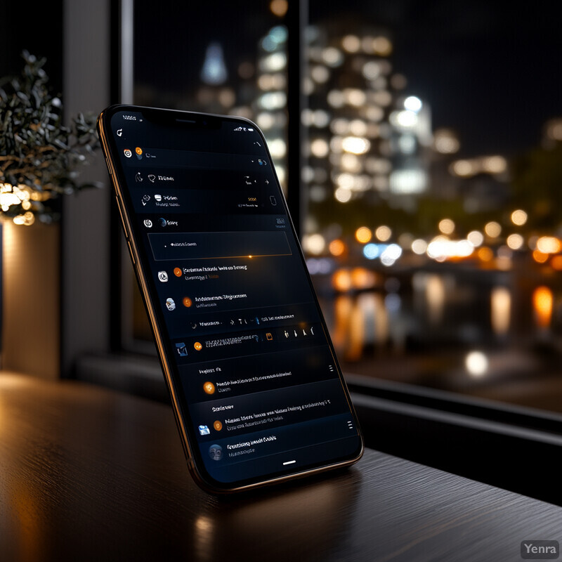 A smartphone standing upright on a table near a window overlooking a cityscape at night, displaying a notification management app.