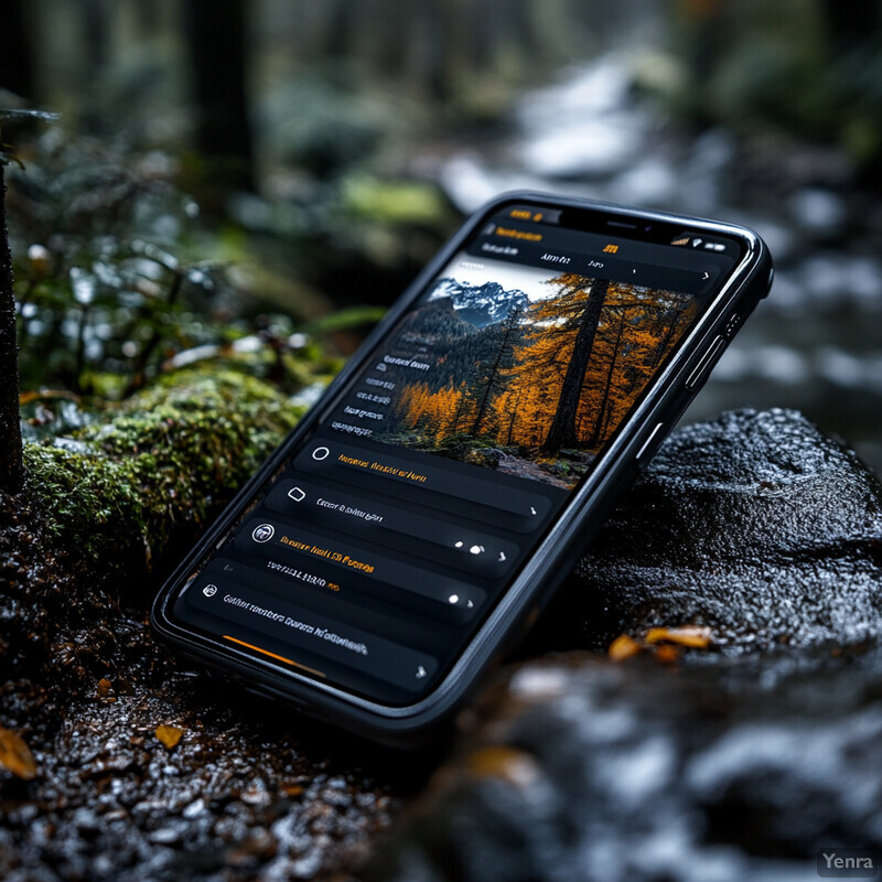 A smartphone displaying a photo of trees and mountains is resting on rocks covered in moss and lichen.