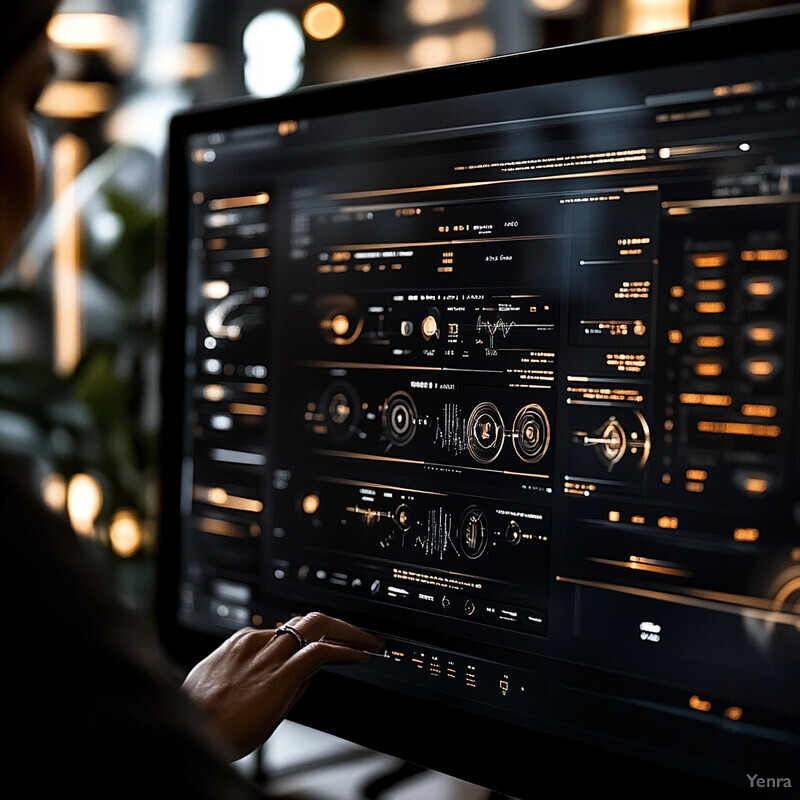 A person's hand reaches out to touch a large screen displaying data analysis or visualization in an office setting.