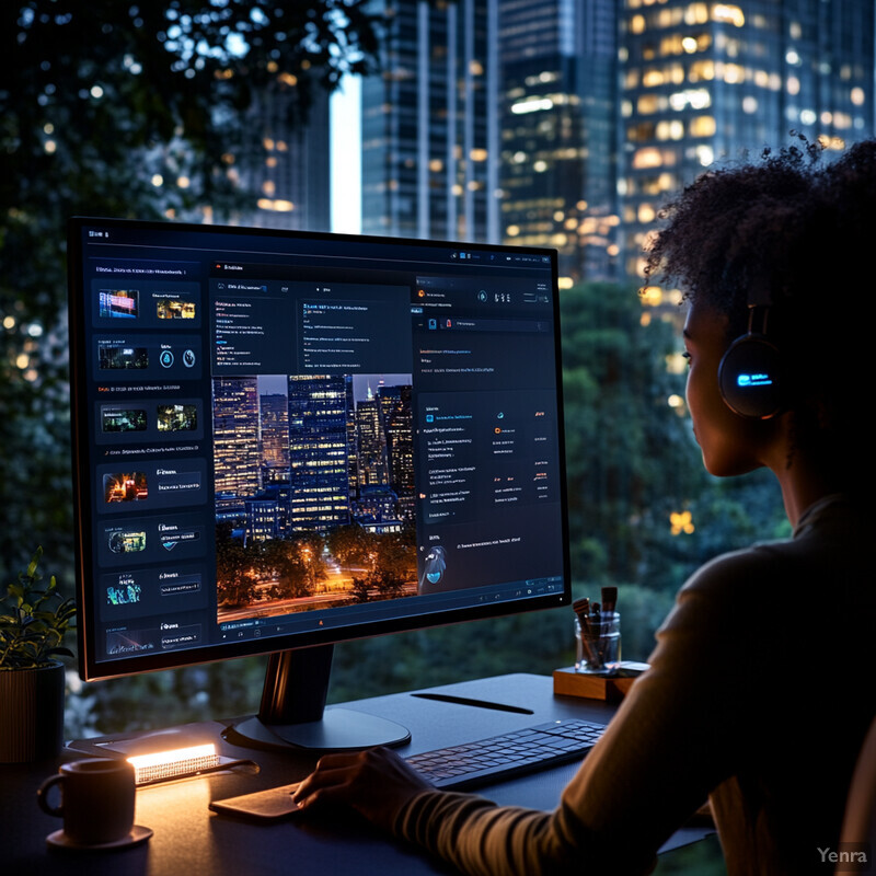 A person is sitting at their desk in front of a computer monitor, wearing headphones and working on their laptop.