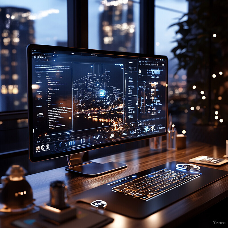 A computer monitor displaying a complex software interface on a wooden desk with various objects, set against a window overlooking a cityscape at night.