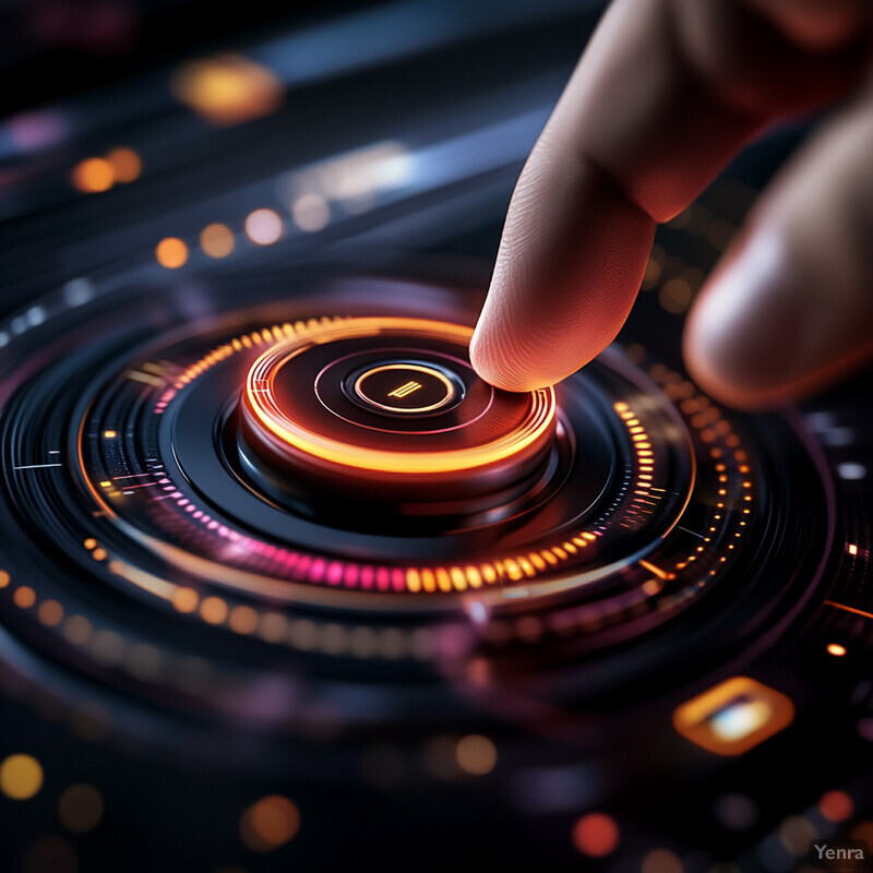 A person's fingers hover over a large dial with a glowing red ring in a laboratory or workshop setting.