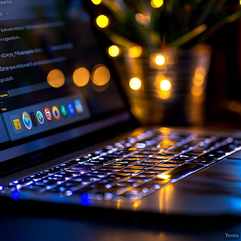 A laptop computer with its screen off and keyboard illuminated by a soft blue light.