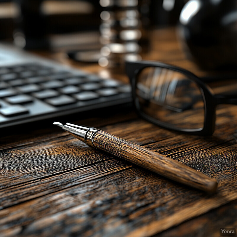 The image shows a pair of glasses and a pen on an office desk.