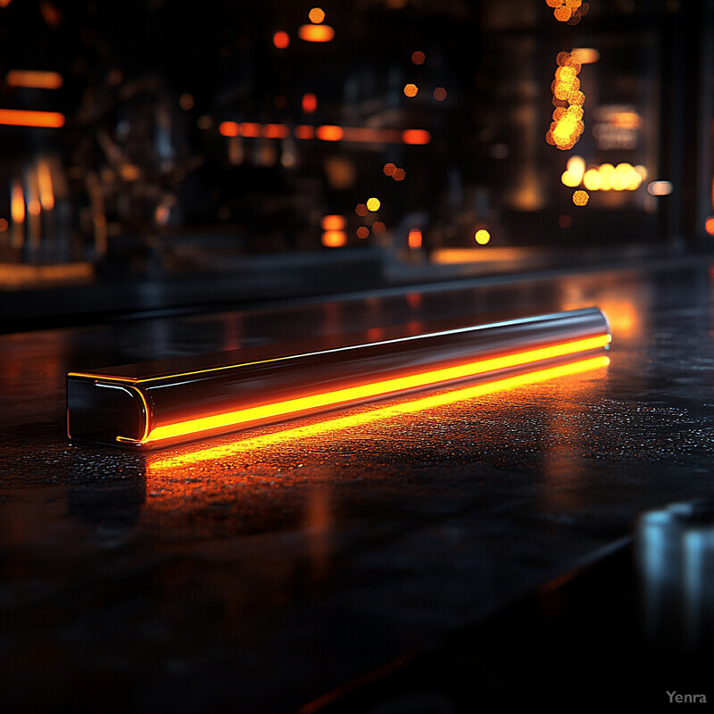 A sleek, modern bar with an orange and yellow neon light running along its base.